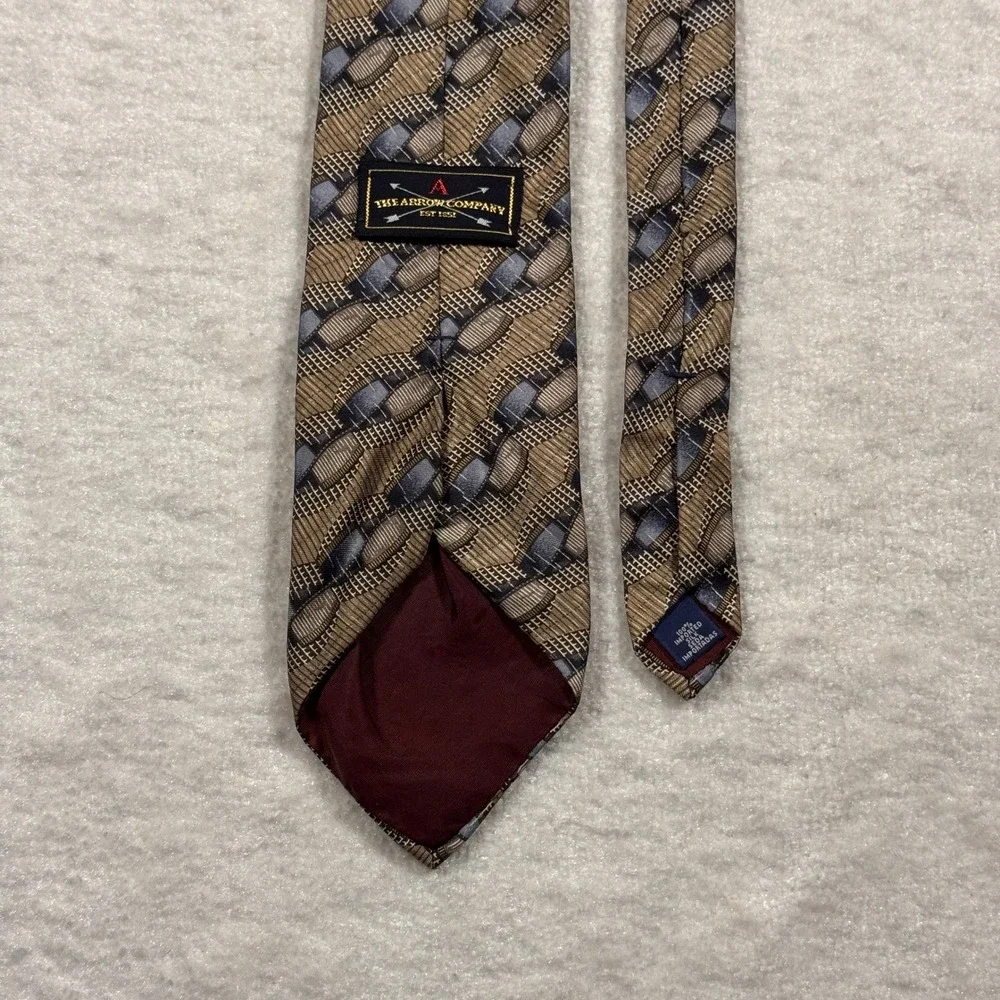 The Arrow‎ Company Men's Silk Necktie Geometric Pattern Tan Blue Formal Neckwear